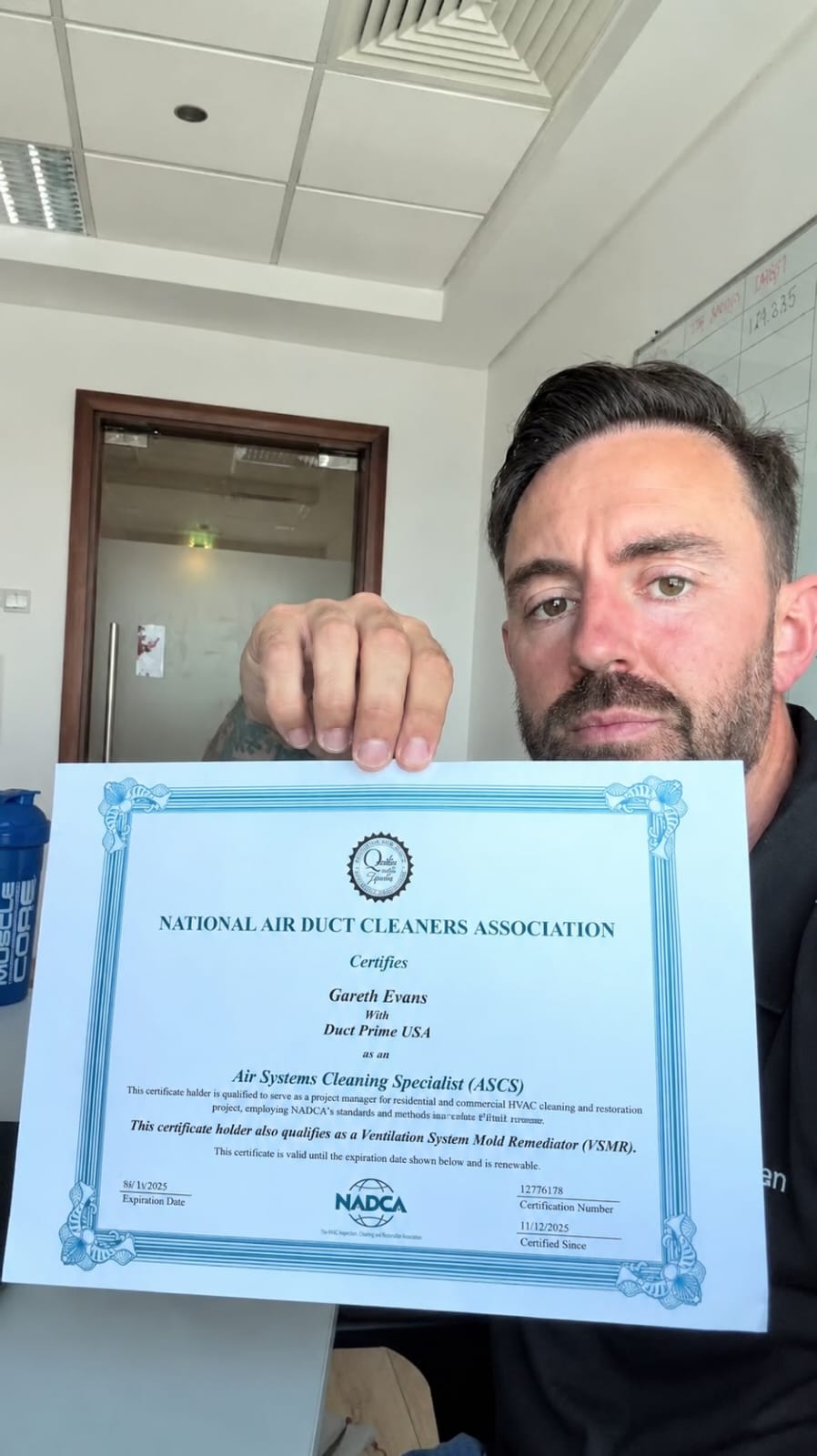 NADCA Air Systems Cleaning Specialist certificate with Duct Prime USA technician
